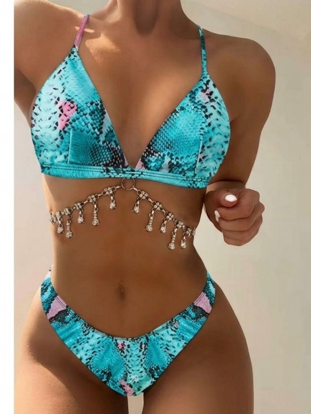 SHEIN Turquoise & Pink Snakeskin Rhinestone Triangle Bikini